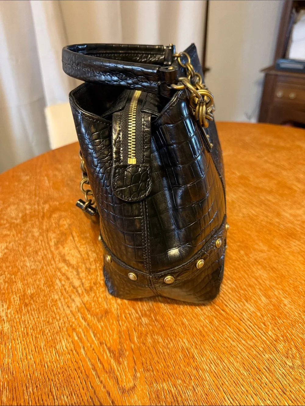 MICHAEL Michael Kors Black Croc-Embossed Satchel with Gold Hardware Accent